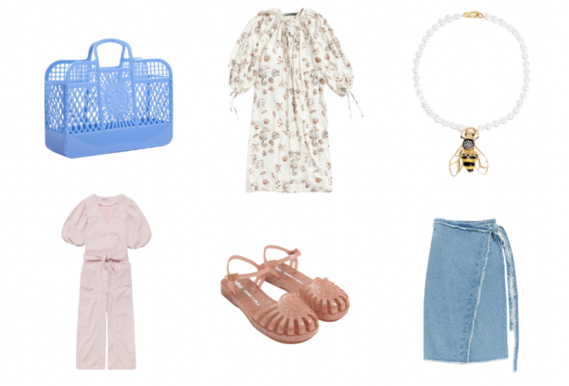 Blue Melissa / Bimba Y Lola Jelly Shopper Bag $99 I  Brown Reef Dress With Back Knot $290  I Bee Pearl Necklace $115  I Pink Puff Sleeve Cargo Jumpsuit $150 Coral Jelly Melissa / Bimba Y Lola Sandal $89 I Frayed Denim Skirt $145