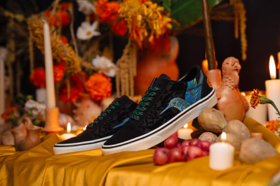 The Vans Old Skool Dia de Muertos sneaker blends bold colors, marigold details, and a hummingbird graphic, celebrating tradition and roots. Available at WSS.