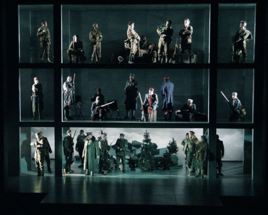 The set designer created a 3-tiered set to portray the World War I trenches of all 3 countries- France, Britain, and Germany. 