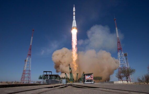 A Soyuz rocket launches to the International Space Station with Expedition 73 crew members aboard, Tuesday, April 8, 2025, at the Baikonur Cosmodrome in Kazakhstan. Credit: NASA/Joel Kowsky
