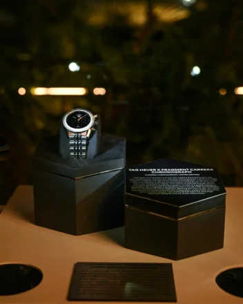 Tag Heuer x Fragment Carrera Chronograph on display at the launch party during Art Basel Miami 2025 on Dec. 3, 2025. Photography by Madison Voelkel/BFA.com. Courtesy of Tag Heuer.