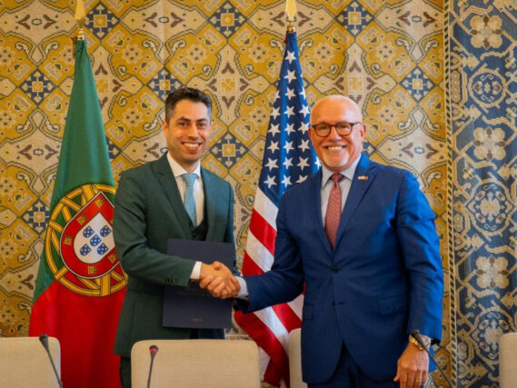 Hugo Costa, executive director for the Portuguese Space Agency, and U.S. Ambassador to Portugal John J. Arrigo pose for a photo on Jan. 12 during a ceremony in Lisbon, Portugal, to mark the country's signing of the Artemis Accords. Credit: U.S. State Department