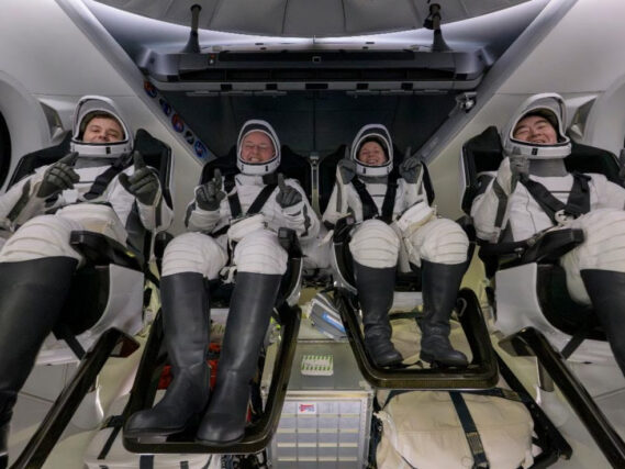 Roscosmos cosmonaut Oleg Platonov, left, NASA astronauts Mike Fincke, Zena Cardman, and JAXA (Japan Aerospace Exploration Agency) astronaut Kimiya Yui are seen inside the SpaceX Dragon Endeavour spacecraft onboard the SpaceX recovery ship SHANNON shortly after having landed in the Pacific Ocean off the coast of Long Beach, Calif., Thursday, Jan. 15, 2026. Cardman, Fincke, Yui, Platonov are returning after 167 days in space as part of Expedition 74 aboard the International Space Station. Credit: NASA/Bill Ingalls