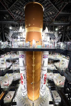 NASA’s SLS (Space Launch System) rocket is seen inside High Bay 3 of the Vehicle Assembly Building as teams await the arrival of Artemis II crewmembers to board their Orion spacecraft on top of the rocket as part of the Artemis II countdown demonstration test, Saturday, Dec. 20, 2025, at NASA’s Kennedy Space Center in Florida. Credit: NASA/Joel Kowsky