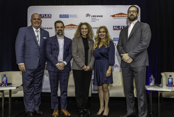 From left to right: Curtis J. Crider, President & CEO, GMBHA; Daniel Iglesias, P.E., FDOT Six Secretary; Stacy L. Miller, P.E., Director & CEO, Miami-Dade DTPW; Alice Bravo, P.E., President & CEO, Alice Bravo & Associates; and Patrick Goddard, CEO, Brightline Florida.
