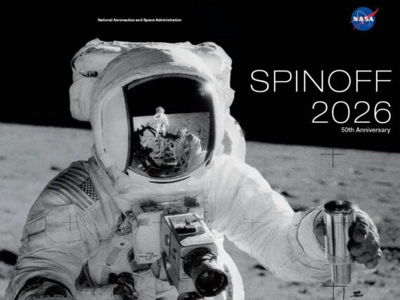 Spinoff 2026 marks the publication’s 50th year documenting commercial uses of NASA technology. This edition’s cover features NASA astronaut Alan Bean holding an environmental sample container filled with lunar soil during the Apollo 12 mission of November 1969. NASA astronaut Charles Conrad Jr., who took this picture, is reflected in Bean’s helmet visor. Credit: NASA