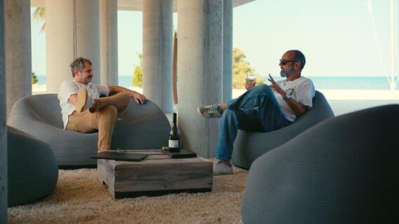 Max Strang, FAIA, talks with Will Van der Vlugt under the 50' cantilever.Photo credit: Ryan Lester, Architecture Sarasota