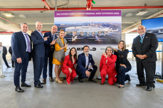 From left: Miami-Dade County Tax Collector Dariel Fernandez, American Airlines CEO Robert Isom, MIA Director and CEO Ralph Cuti?, County Commissioners Raquel Regalado and Natalie Milian-Orbis, American Airlines Miami Hub Vice President J.C. Liscano, Miami-Dade County Mayor Daniella Levine Cava, County Commissioner Danielle Cohen Higgins, and Miami-Dade County Chief Operating Officer Jimmy Morales at the D60 expansion plan unveiling ceremony at MIA.