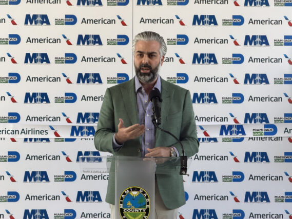 Board of County Commissioners Chairman Anthony Rodriguez speaks at the D60 expansion plan unveiling ceremony at MIA.