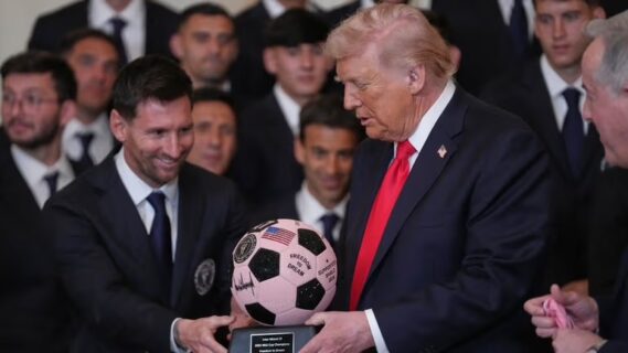 President Donald Trump receives a soccer ball trophy from Lionel Messi during an event to honor the 2025 Major League Soccer champions Inter Miami in the East Room of the White House, Thursday, March 5, 2026, in Washington. Credit: AP/Julia Demaree Nikhinson