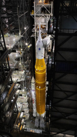 NASA’s crawler-transporter 2, carrying the agency's Artemis II SLS (Space Launch System) rocket with the Orion spacecraft, arrives Feb. 25, 2026, inside the Vehicle Assembly Building at NASA’s Kennedy Space Center in Florida to troubleshoot the flow of helium to the rocket’s upper stage, the interim cryogenic propulsion stage. Once complete, the SLS rocket will roll back to Launch Complex 39B to prepare to launch four astronauts around the Moon and back for the Artemis II test flight. Credit: NASA/Cory Huston