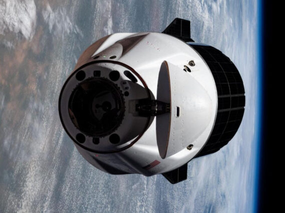 A SpaceX Dragon cargo spacecraft is photographed on Aug. 25, 2025, with its nosecone open and carrying over 5,000 pounds of science, supplies, and hardware as NASA’s SpaceX CRS-33 mission approaches the International Space Station for an automated docking to the Harmony module’s forward port. Both spacecraft were flying 259 miles above western Mauritania near the Atlantic coast at the time of this photograph. Credit: NASA