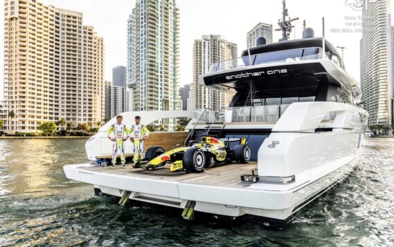 Liam Lawson and Arvid Lindblad pose for a portrait with VCARB 03 during Miami Special livery for 2026, in Miami, Florida, USA on April 29, 2026.